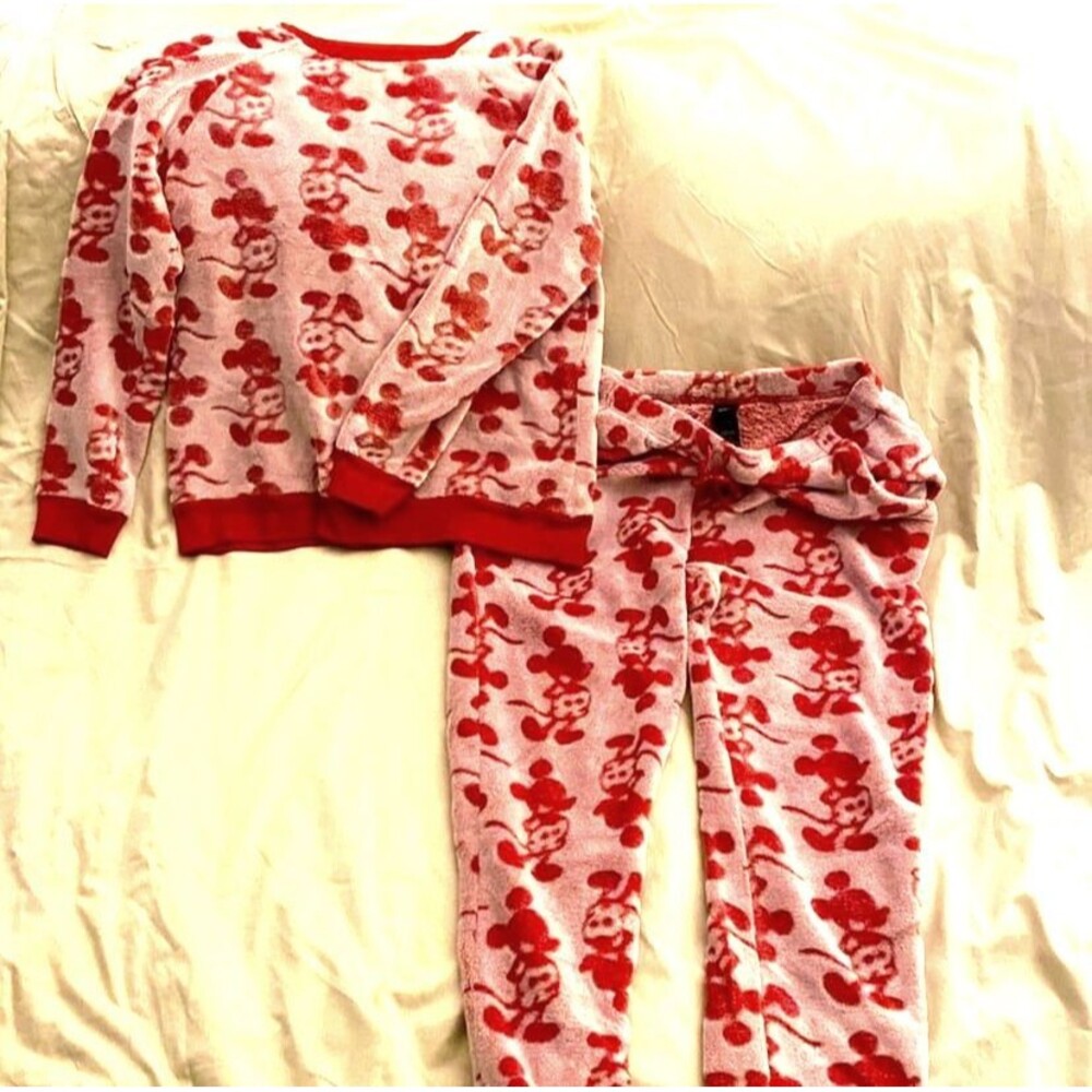 Disney Mickey Mouse Fleece Pajama Set Pink Red Jogger Lounge Sleepwear Small S